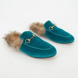 Gucci Teal Velvet Fur Lined Princetown Horsebit Mule Slipper Flat Loafer EU 37